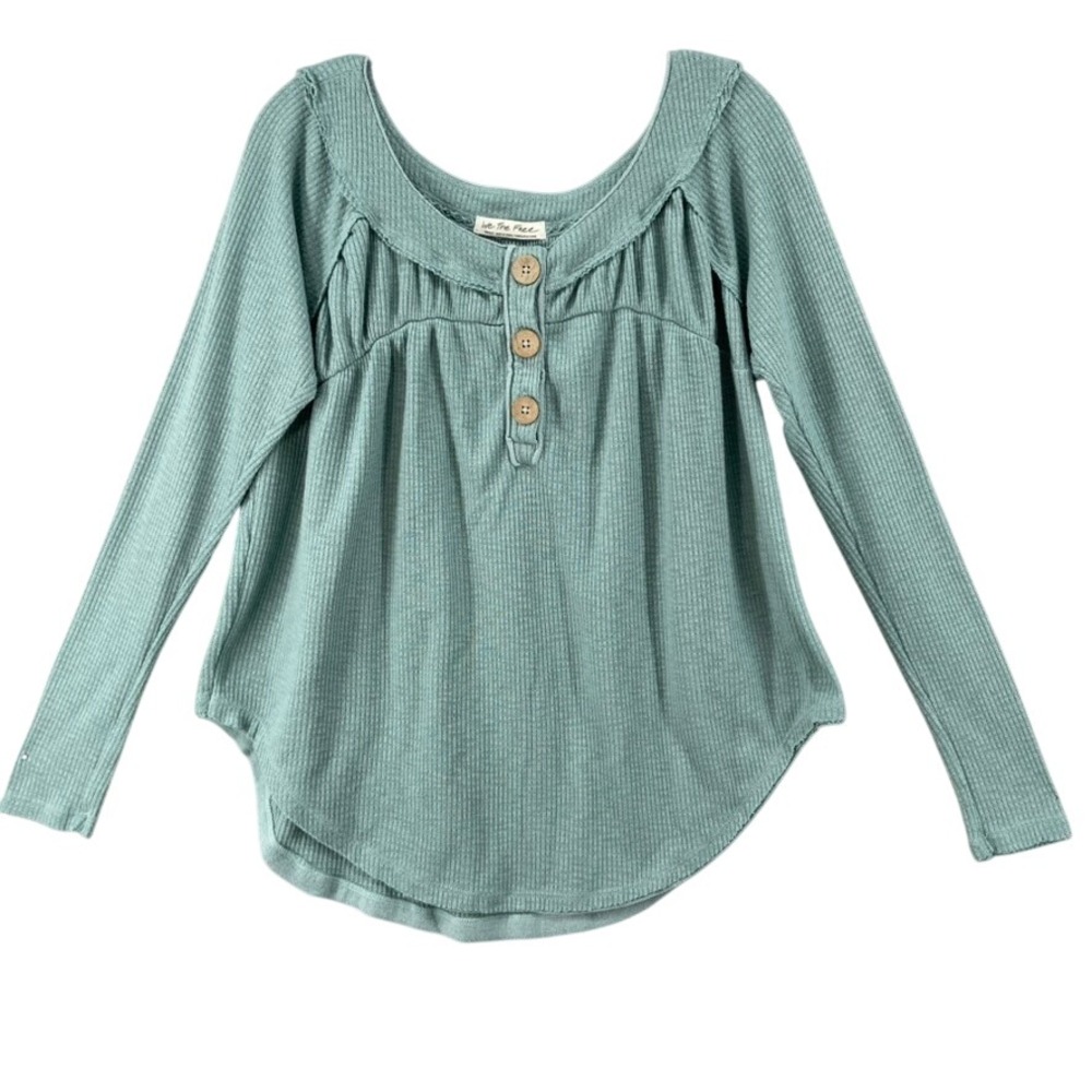 We The Free People Shirt Womens S Green Scoop Neck‎ Waffle Knit Long Sleeve Top
